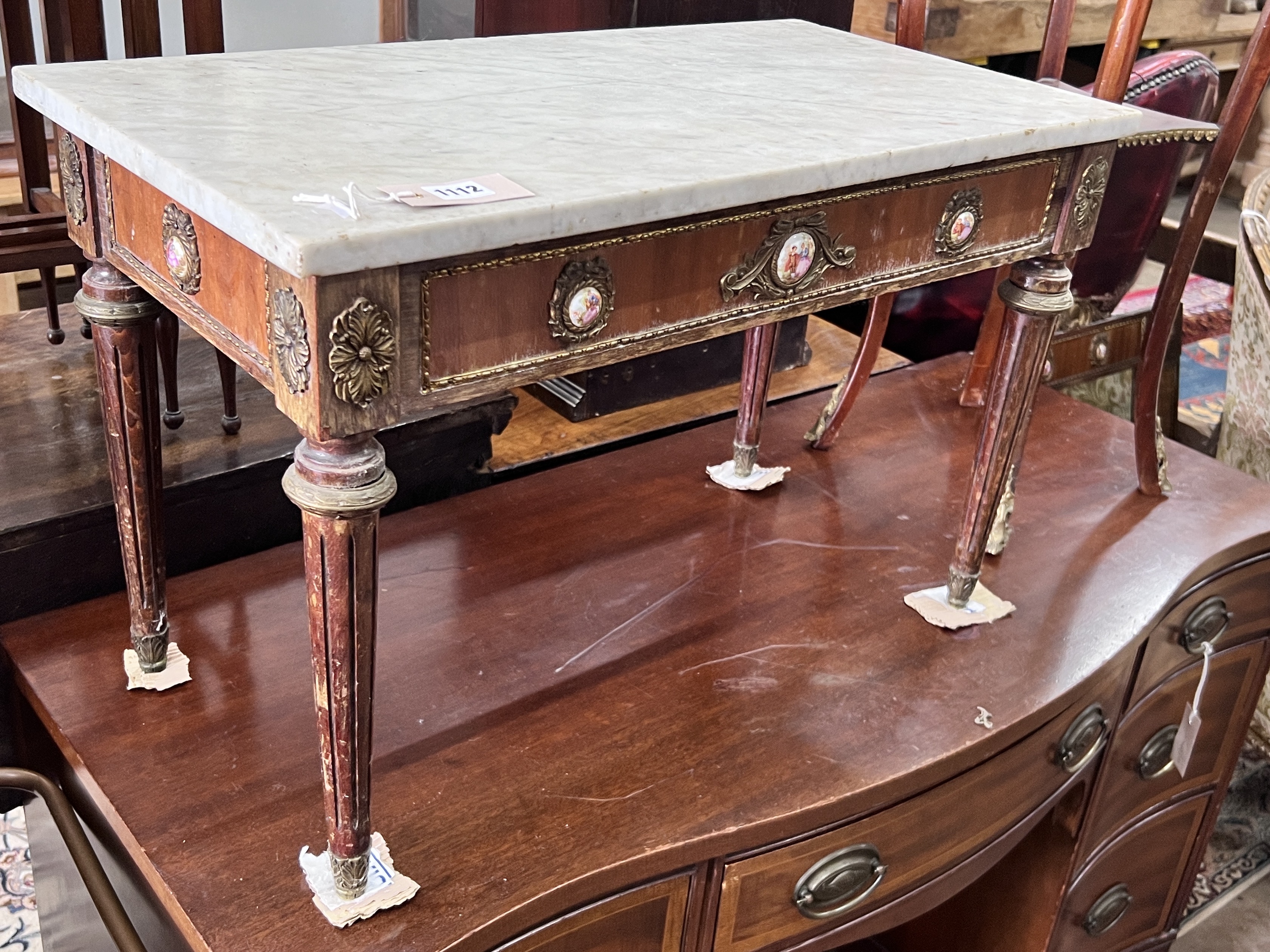 A French porcelain mounted rectangular marble top coffee table, width 68cm, depth 35cm, height 44cm together with a similar two tier plant stand and wall mirror